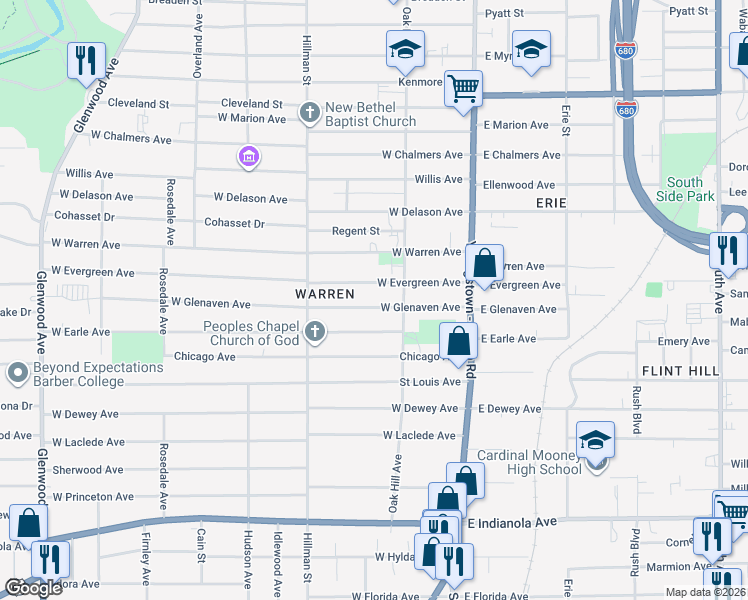 map of restaurants, bars, coffee shops, grocery stores, and more near 132 West Earle Avenue in Youngstown