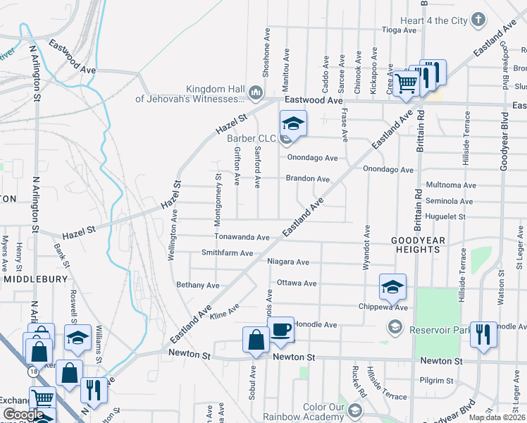 map of restaurants, bars, coffee shops, grocery stores, and more near 1224 Arnold Avenue in Akron