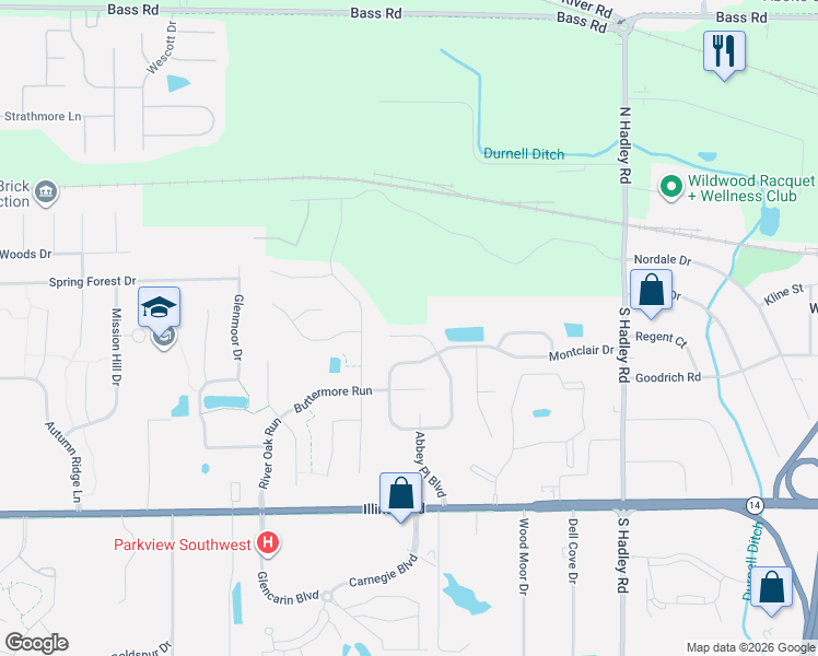 map of restaurants, bars, coffee shops, grocery stores, and more near 7722 Currie Hill Court in Fort Wayne