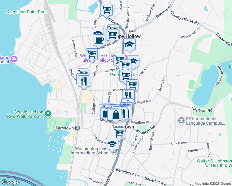 map of restaurants, bars, coffee shops, grocery stores, and more near 89 North Washington Street in Tarrytown