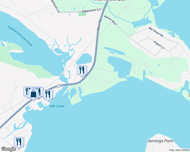 map of restaurants, bars, coffee shops, grocery stores, and more near 315 Albacore Drive in Southold