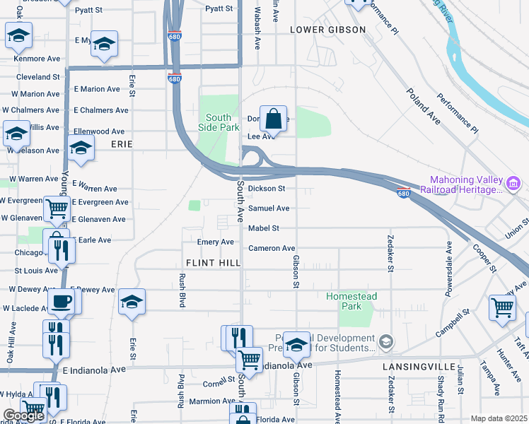 map of restaurants, bars, coffee shops, grocery stores, and more near 537 Samuel Avenue in Youngstown