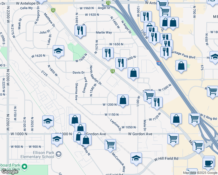 map of restaurants, bars, coffee shops, grocery stores, and more near 1447 North Main Street in Layton