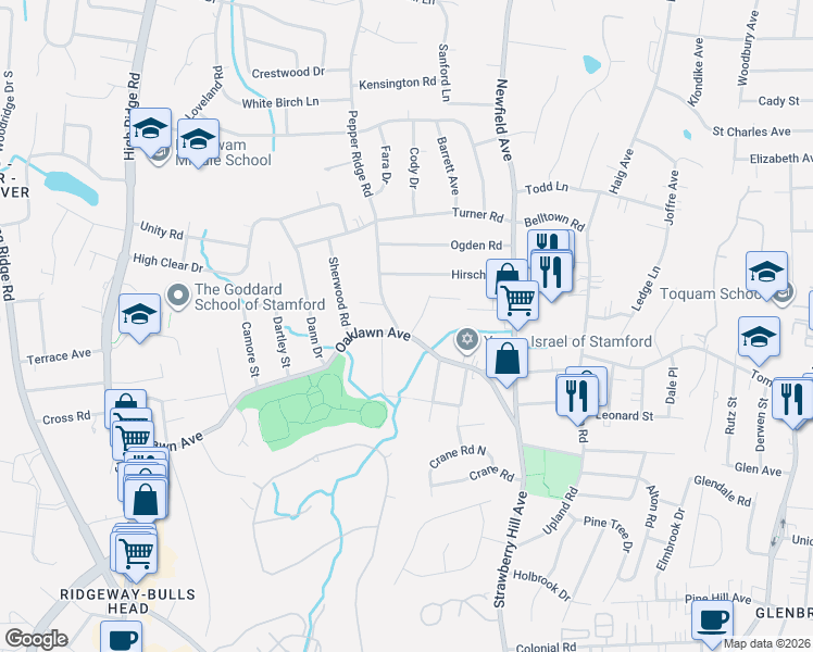 map of restaurants, bars, coffee shops, grocery stores, and more near 34 Jamroga Lane in Stamford