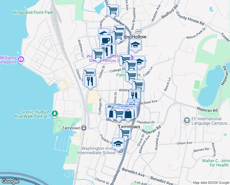 map of restaurants, bars, coffee shops, grocery stores, and more near 43 Wildey Street in Tarrytown