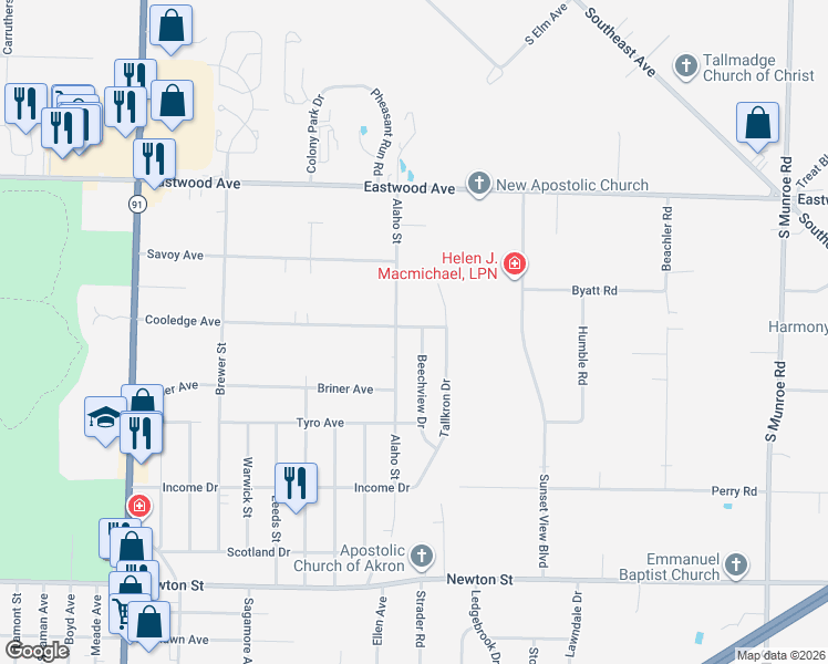 map of restaurants, bars, coffee shops, grocery stores, and more near 2429 Cooledge Avenue in Akron
