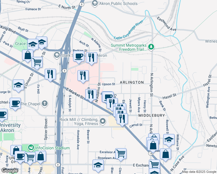 map of restaurants, bars, coffee shops, grocery stores, and more near 640 Day Street in Akron