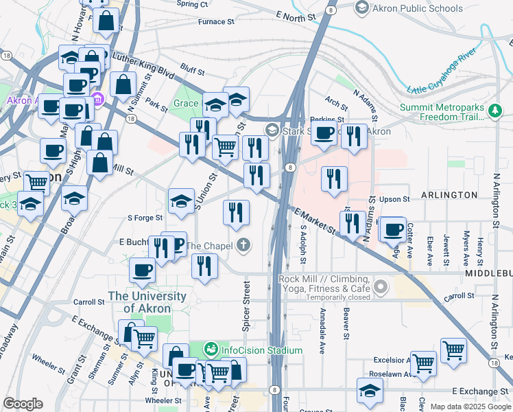 map of restaurants, bars, coffee shops, grocery stores, and more near in Akron