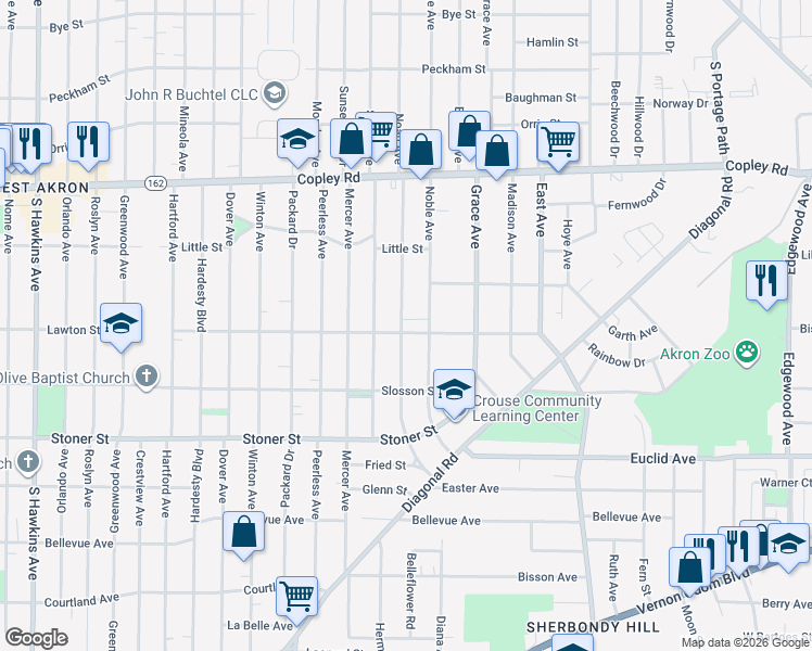 map of restaurants, bars, coffee shops, grocery stores, and more near 621 Noah Avenue in Akron