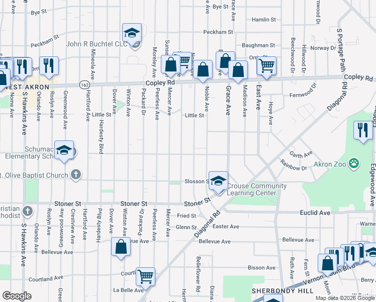 map of restaurants, bars, coffee shops, grocery stores, and more near 621 Noah Avenue in Akron