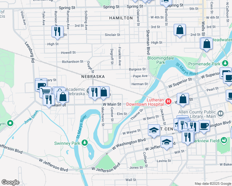 map of restaurants, bars, coffee shops, grocery stores, and more near 1240 Boone Street in Fort Wayne