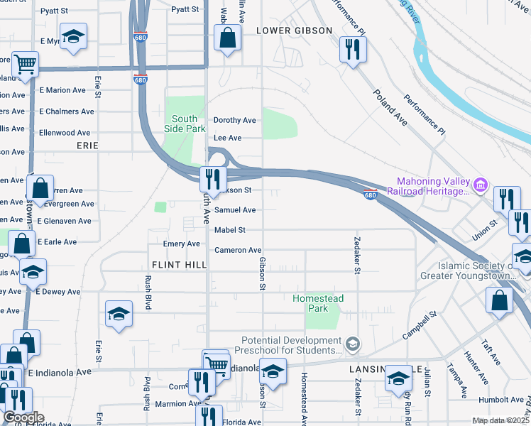 map of restaurants, bars, coffee shops, grocery stores, and more near 701 Samuel Avenue in Youngstown