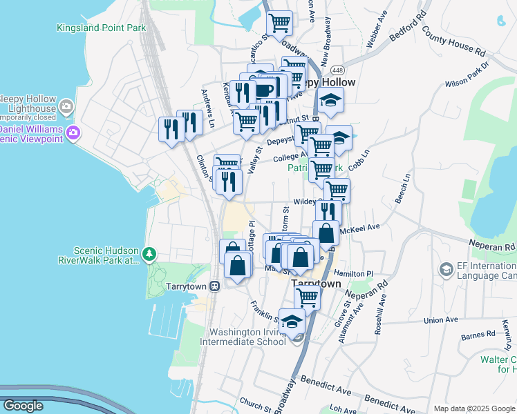 map of restaurants, bars, coffee shops, grocery stores, and more near 100 Wildey Street in Tarrytown