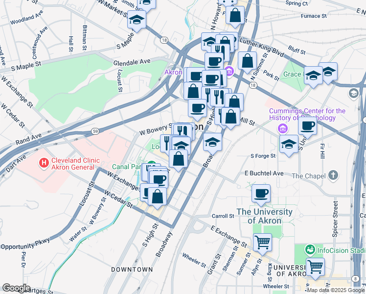 map of restaurants, bars, coffee shops, grocery stores, and more near in Akron