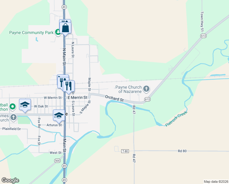 map of restaurants, bars, coffee shops, grocery stores, and more near 123 Proxmire Drive in Payne