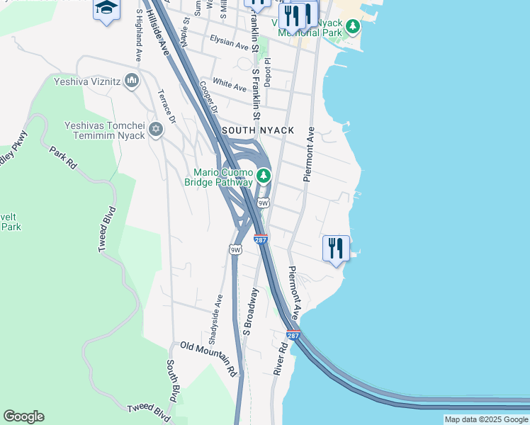map of restaurants, bars, coffee shops, grocery stores, and more near 282 South Broadway in Nyack