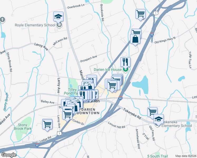 map of restaurants, bars, coffee shops, grocery stores, and more near 17 Highland Avenue in Darien