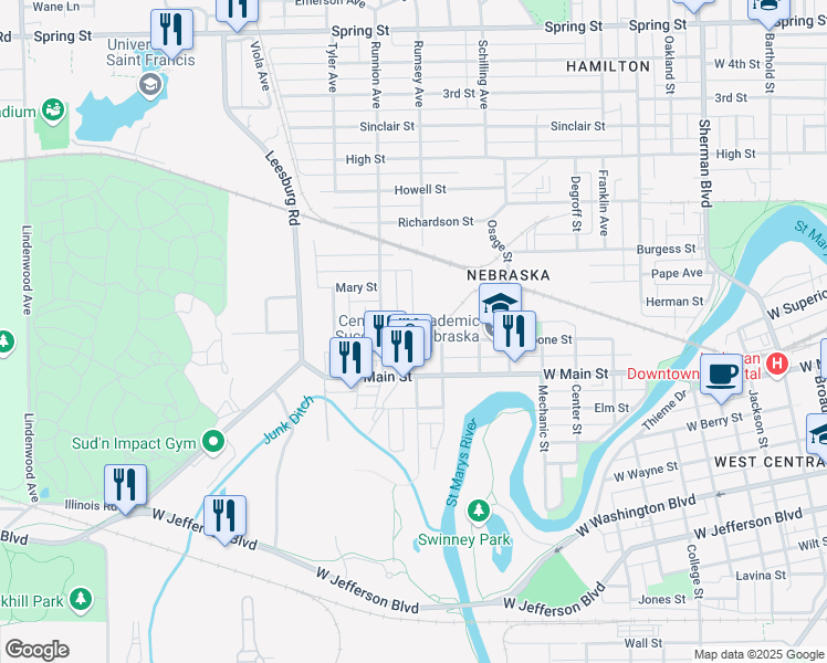 map of restaurants, bars, coffee shops, grocery stores, and more near 1700 Morrison Street in Fort Wayne