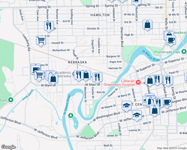 map of restaurants, bars, coffee shops, grocery stores, and more near 1240 Boone Street in Fort Wayne