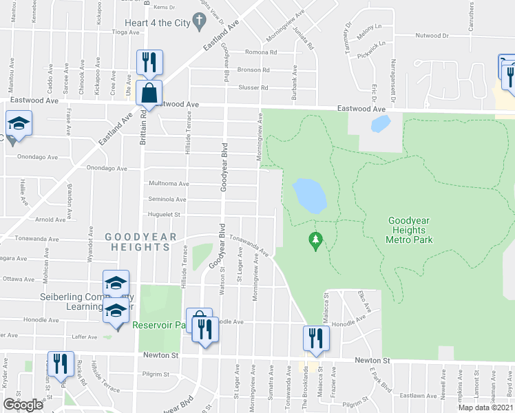 map of restaurants, bars, coffee shops, grocery stores, and more near 633 Morningview Avenue in Akron
