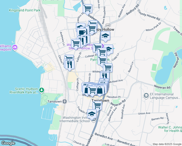 map of restaurants, bars, coffee shops, grocery stores, and more near 56 Wildey Street in Tarrytown