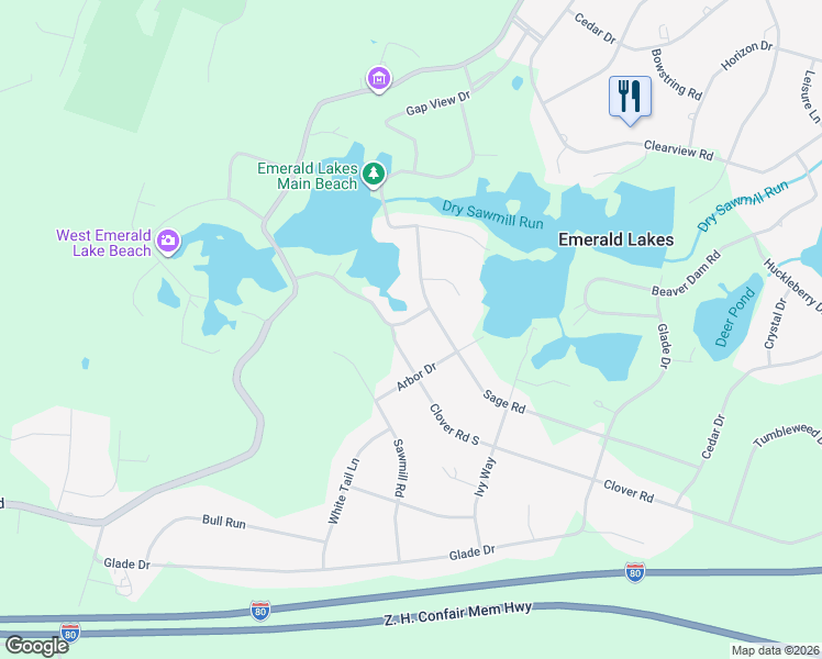 map of restaurants, bars, coffee shops, grocery stores, and more near 160 East Emerald Lake Drive in Long Pond