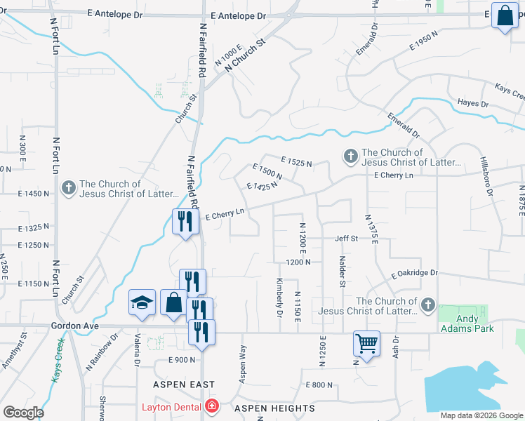 map of restaurants, bars, coffee shops, grocery stores, and more near 1048 East Cherry Lane in Layton