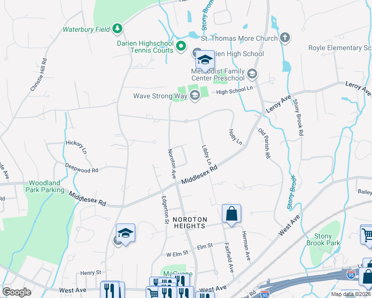 map of restaurants, bars, coffee shops, grocery stores, and more near 19 Revere Road in Darien