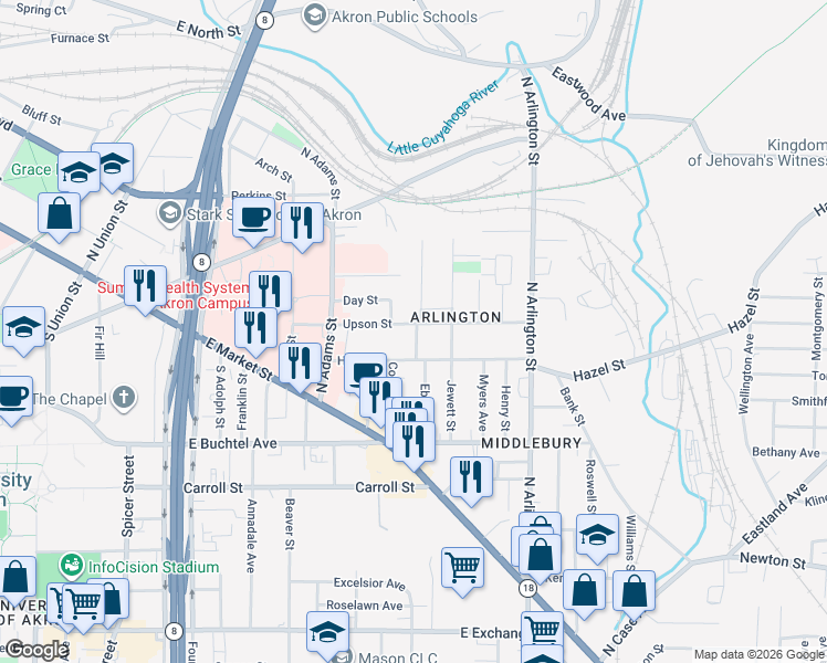 map of restaurants, bars, coffee shops, grocery stores, and more near 166 Nieman Street in Akron