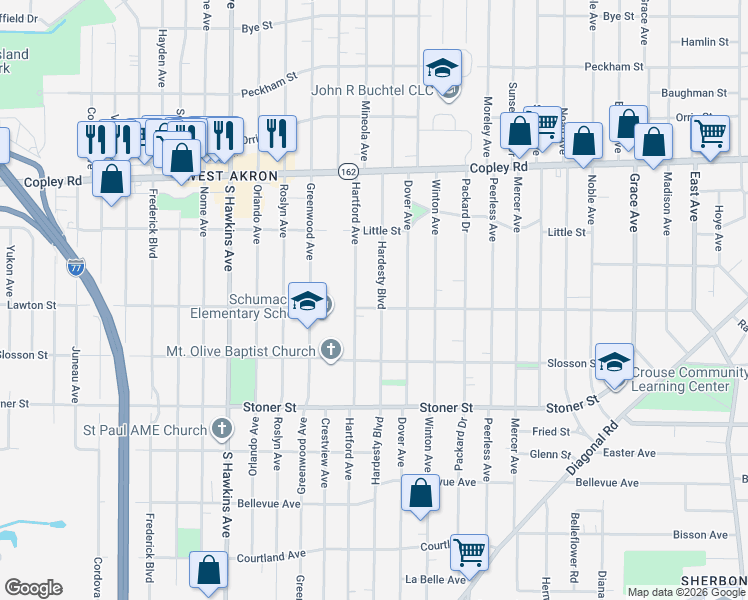 map of restaurants, bars, coffee shops, grocery stores, and more near 973 Hartford Avenue in Akron