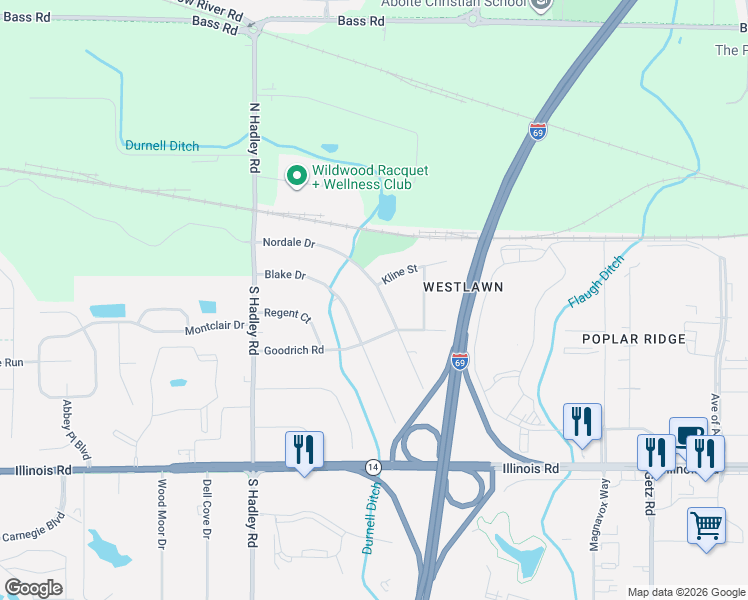 map of restaurants, bars, coffee shops, grocery stores, and more near 204 Nordale Dr in Fort Wayne