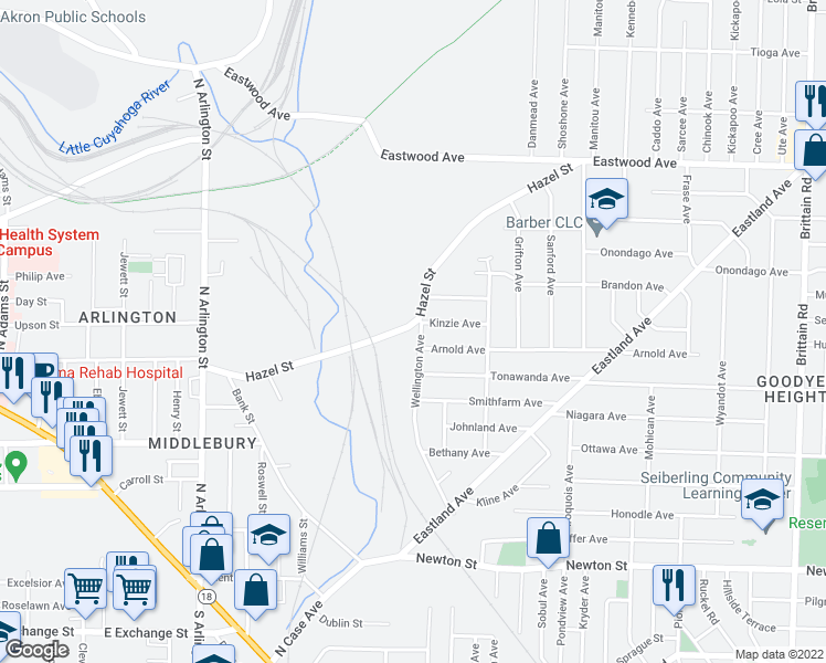 map of restaurants, bars, coffee shops, grocery stores, and more near 1052 Hazel Street in Akron