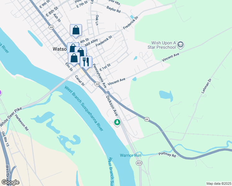 map of restaurants, bars, coffee shops, grocery stores, and more near 2 Plum Alley in Watsontown