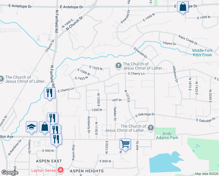 map of restaurants, bars, coffee shops, grocery stores, and more near 1258 East North Lisa Street in Layton
