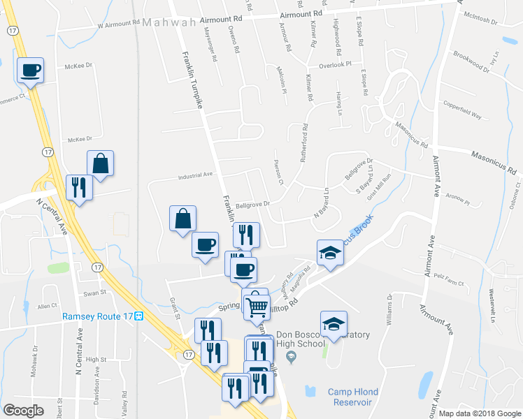 map of restaurants, bars, coffee shops, grocery stores, and more near 102 Indian Hollow Court in Mahwah