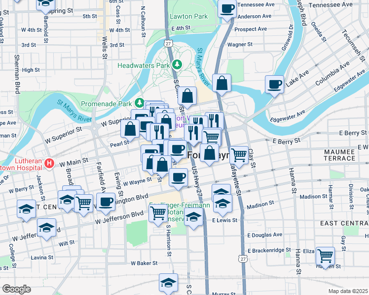 map of restaurants, bars, coffee shops, grocery stores, and more near 122 East Main Street in Fort Wayne