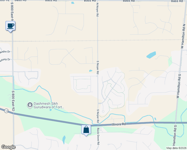 map of restaurants, bars, coffee shops, grocery stores, and more near 14134 Brafferton Parkway in Fort Wayne