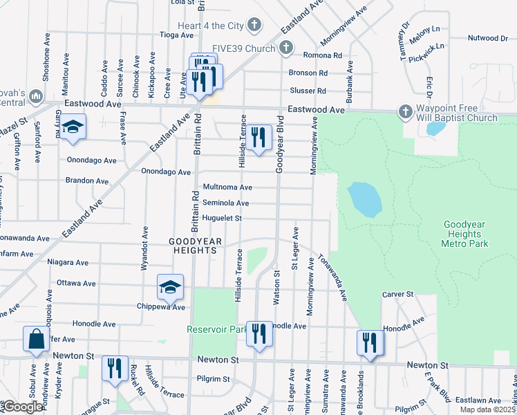 map of restaurants, bars, coffee shops, grocery stores, and more near 1544 Seminola Avenue in Akron