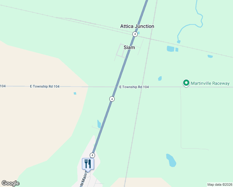 map of restaurants, bars, coffee shops, grocery stores, and more near 15000 East Township Road 104 in Attica