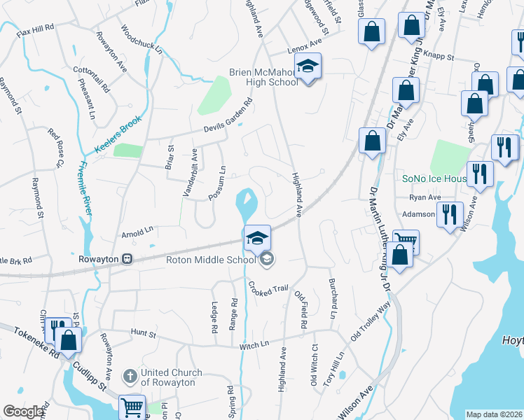 map of restaurants, bars, coffee shops, grocery stores, and more near 101 Rowayton Woods Drive in Norwalk