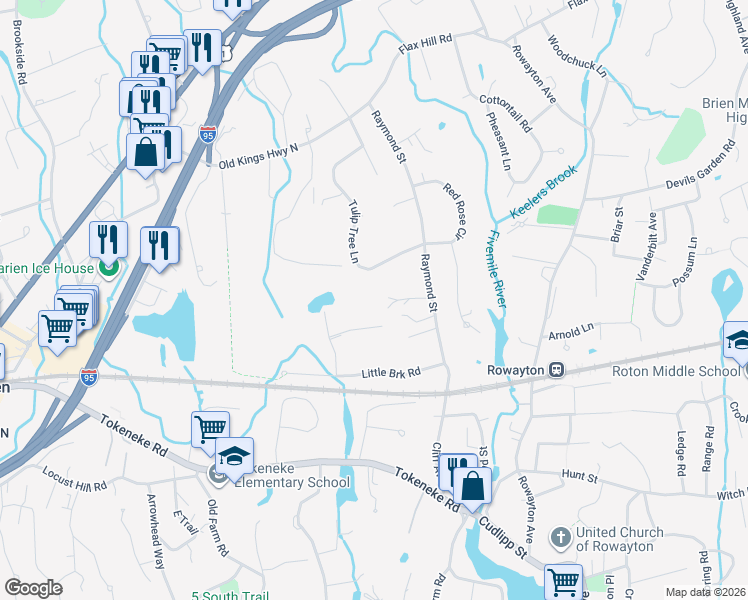 map of restaurants, bars, coffee shops, grocery stores, and more near 115 Raymond Street in Darien