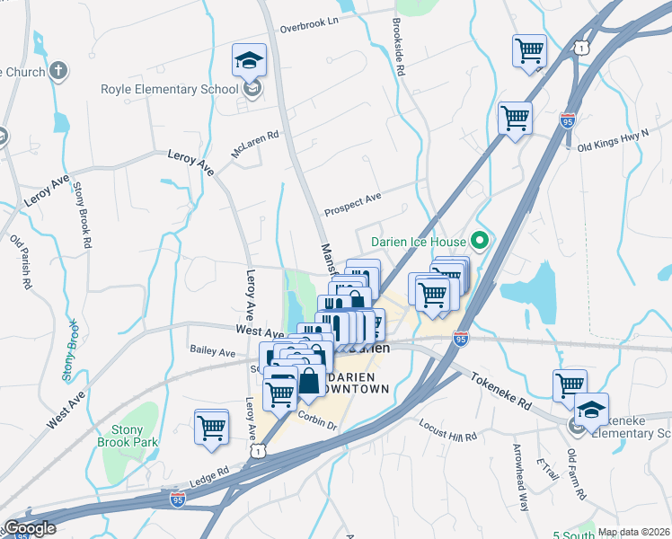 map of restaurants, bars, coffee shops, grocery stores, and more near 745 Post Road in Darien