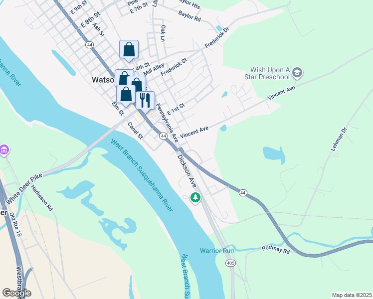 map of restaurants, bars, coffee shops, grocery stores, and more near 2-98 Plum Alley in Watsontown