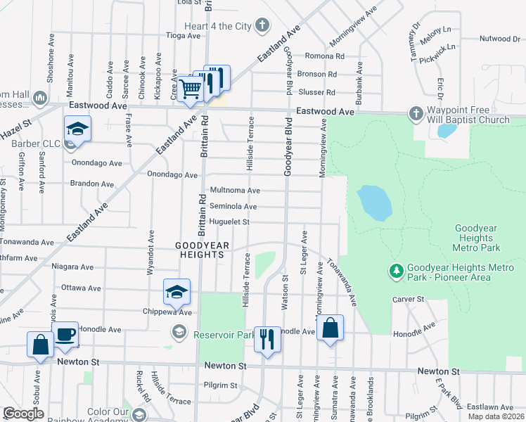 map of restaurants, bars, coffee shops, grocery stores, and more near 1539 Seminola Avenue in Akron