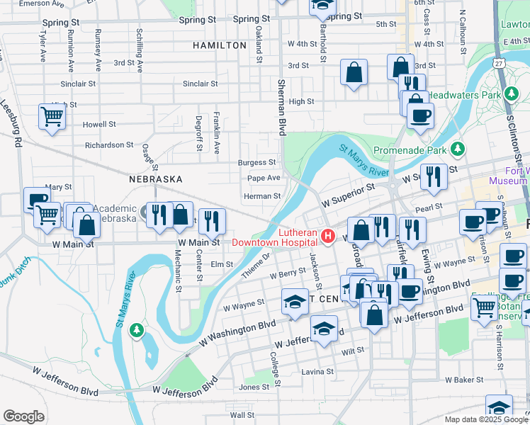 map of restaurants, bars, coffee shops, grocery stores, and more near 708 Frederick Street in Fort Wayne