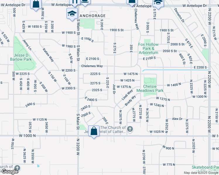 map of restaurants, bars, coffee shops, grocery stores, and more near 2311 South 225 East in Clearfield