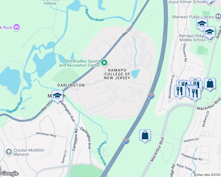map of restaurants, bars, coffee shops, grocery stores, and more near Willow Way in Mahwah