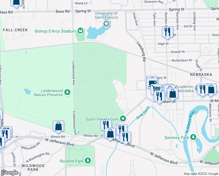 map of restaurants, bars, coffee shops, grocery stores, and more near 2324 West Main Street in Fort Wayne