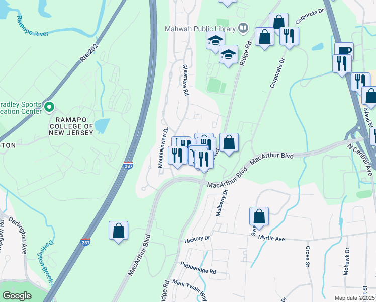 map of restaurants, bars, coffee shops, grocery stores, and more near 56 Sunset Court in Mahwah