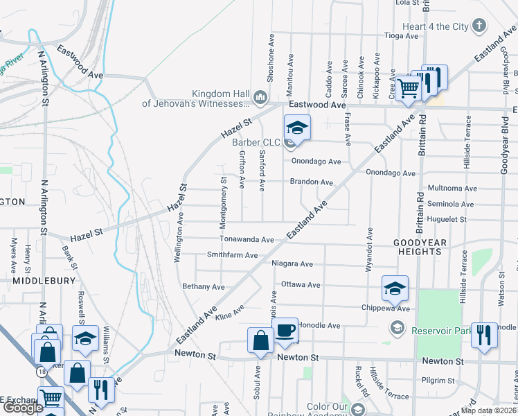 map of restaurants, bars, coffee shops, grocery stores, and more near 588 Sanford Avenue in Akron